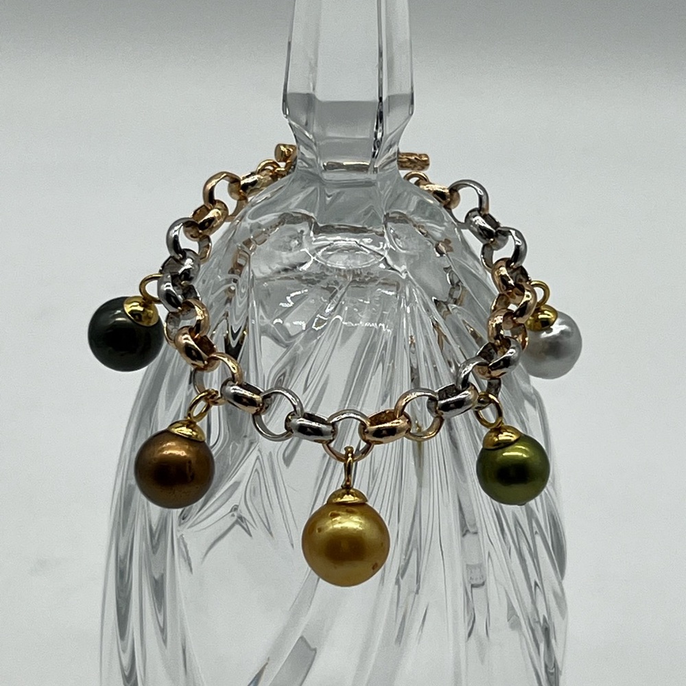 Two-Tone Chain Bracelet with Gold and Silver and Multicolor Pearl Charms